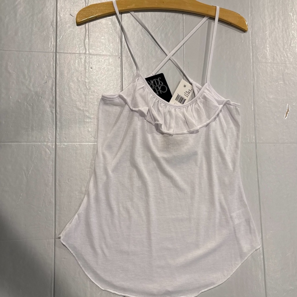 Chaser White Ruffle-Front Crisscross Camisole Top